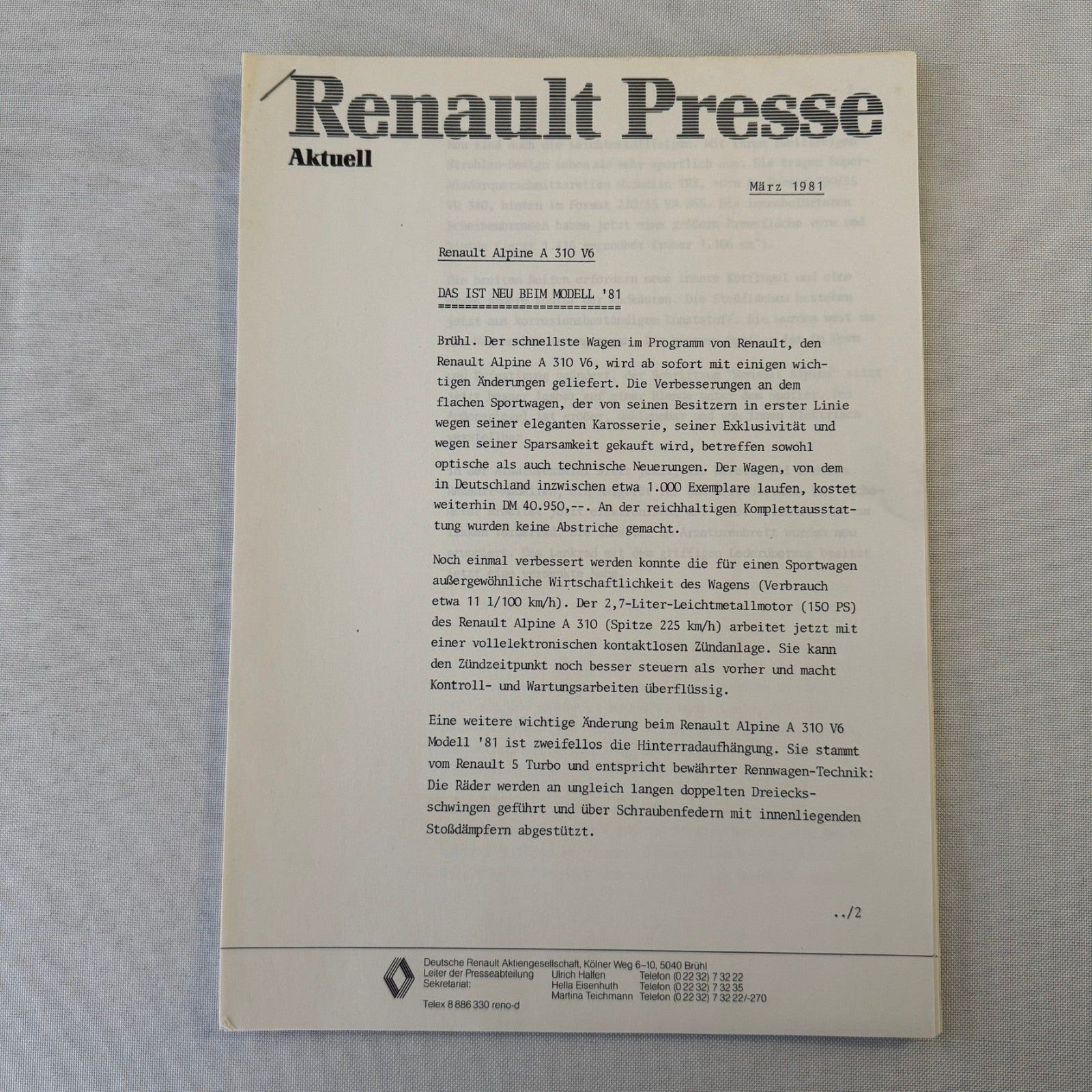 1981 Renault Alpine A310 V6 Car Press Kit Brochure Photos Vintage GERMAN TEXT