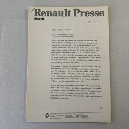 1981 Renault Alpine A310 V6 Car Press Kit Brochure Photos Vintage GERMAN TEXT