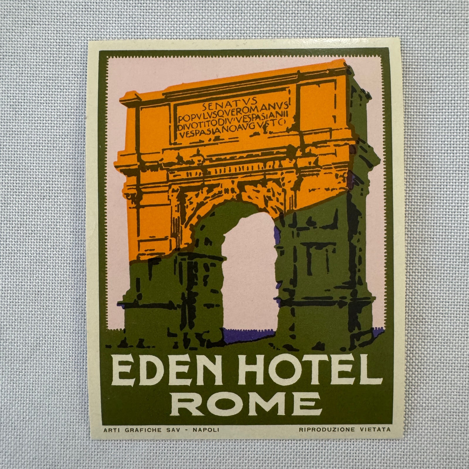 Vintage Travel Label Eden Hotel Rome Italy Italian