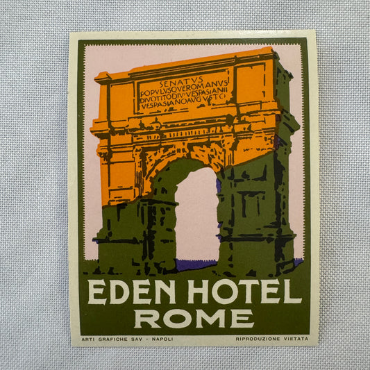 Vintage Travel Label Eden Hotel Rome Italy Italian