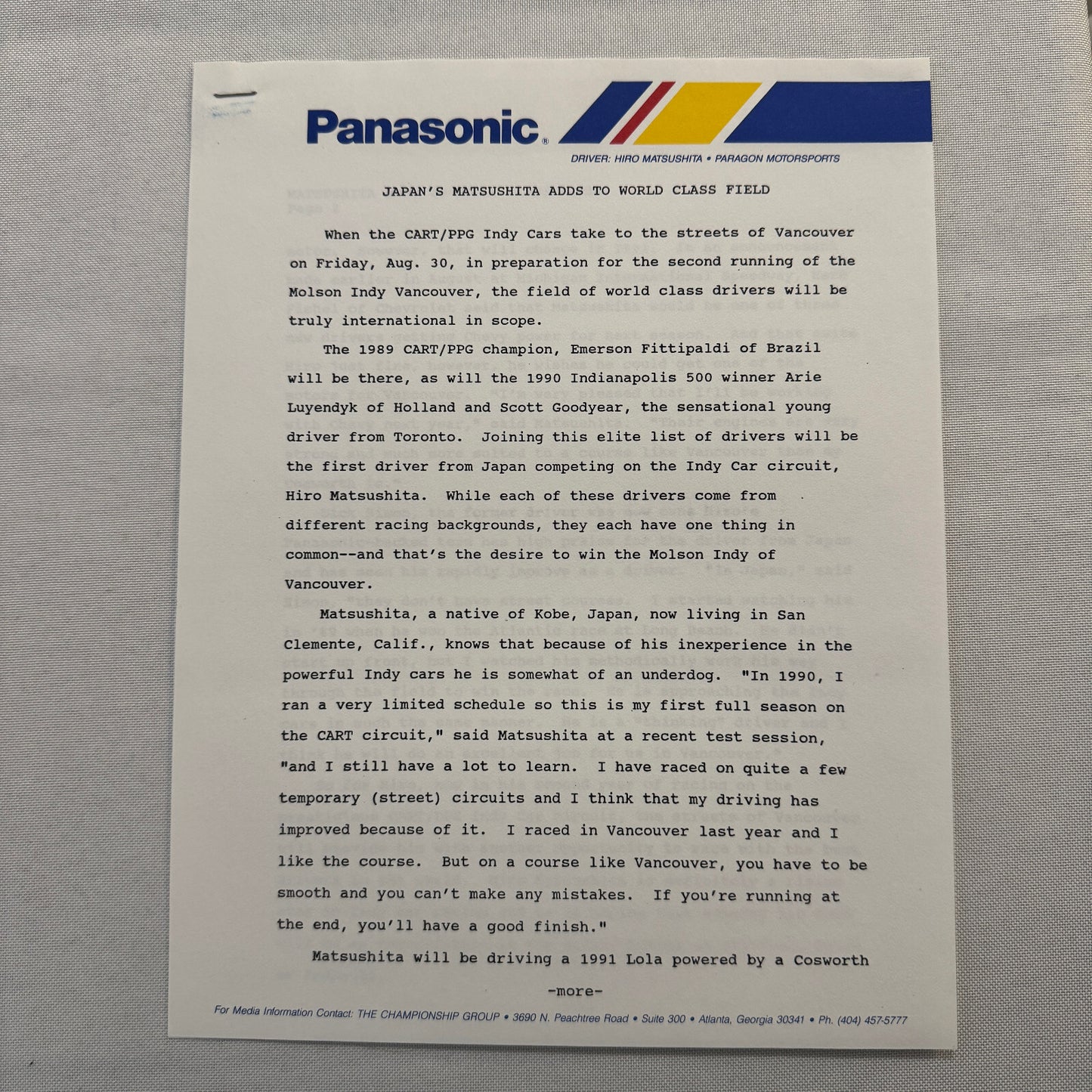 Hiro Matsushita CART Indy Car Racing Driver Press Kit Panasonic Team 1991