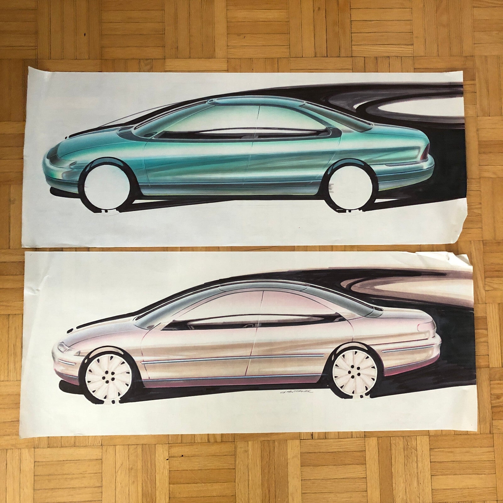 Car Styling Concept Illustration Art Drawing Sketch Vintage Lot of 2