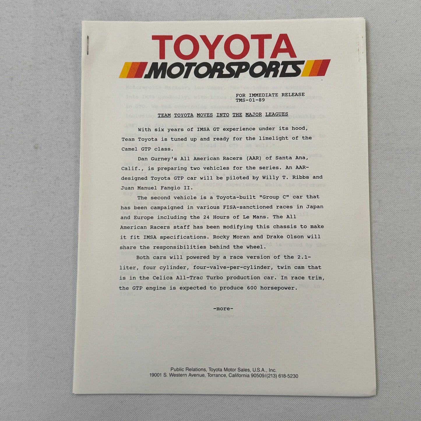 1989 Toyota Motorsport Racing Press Kit Dan Gurney Willy T Ribbs Fangio II