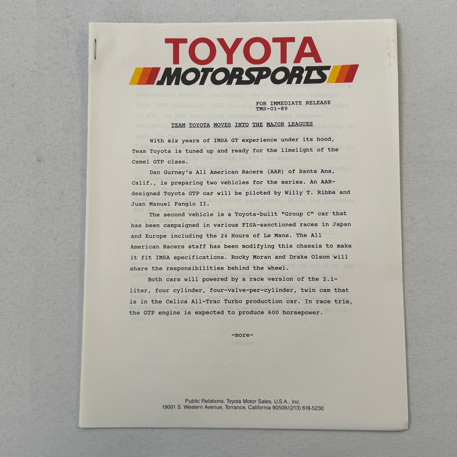 1989 Toyota Motorsport Racing Press Kit Dan Gurney Willy T Ribbs Fangio II