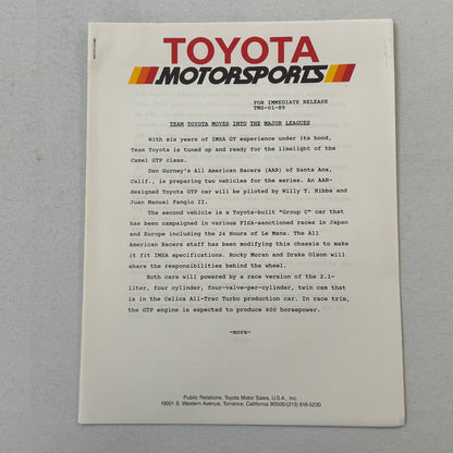 1989 Toyota Motorsport Racing Press Kit Dan Gurney Willy T Ribbs Fangio II