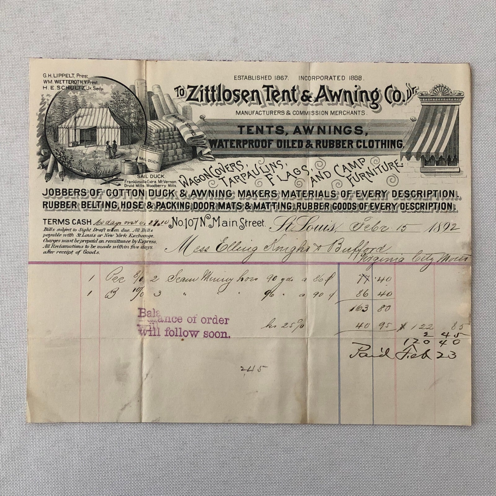 1892 Zittlosen Tent and Awning Company Advertisign Billhead Letterhead Document