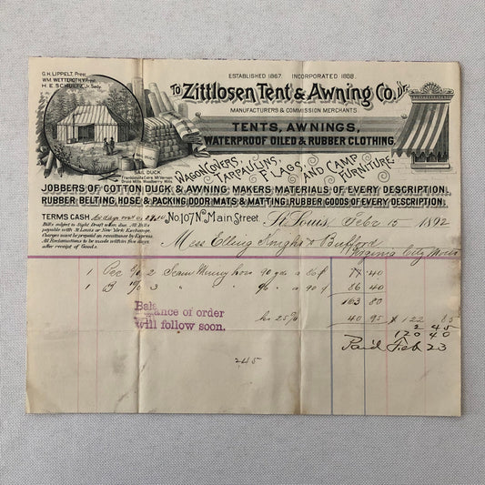 1892 Zittlosen Tent and Awning Company Advertisign Billhead Letterhead Document