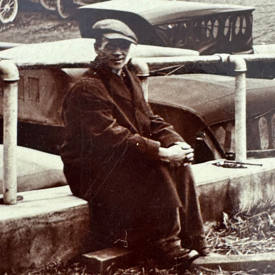 Vintage Photograph on Board Antique Car Automobile Parking Man Photo Image