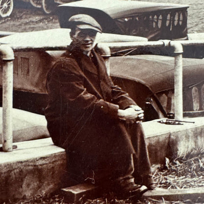 Vintage Photograph on Board Antique Car Automobile Parking Man Photo Image