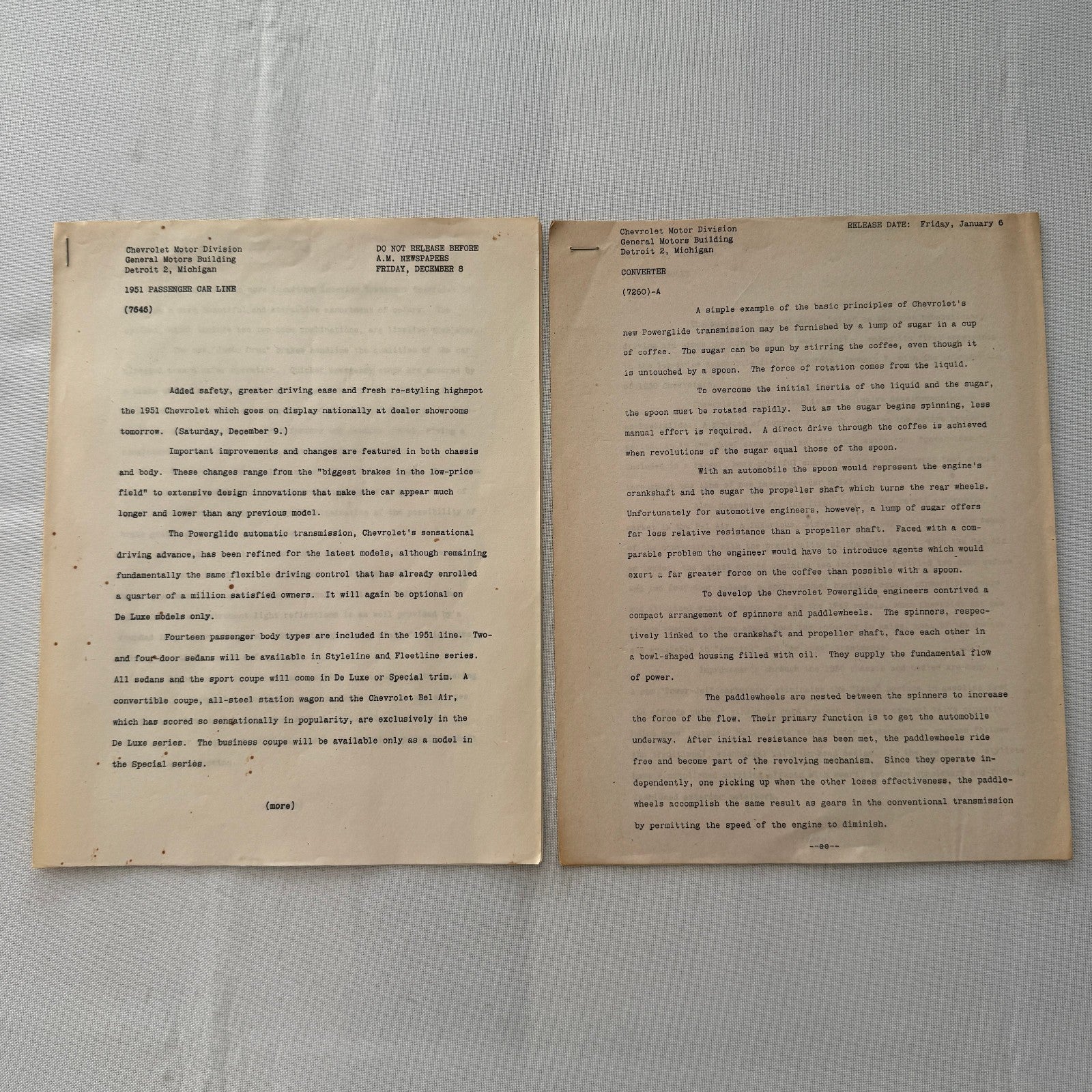 1951 Chevrolet Car General Motors Factory Press Release Document Letter Lot of 2