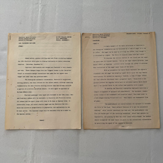 1951 Chevrolet Car General Motors Factory Press Release Document Letter Lot of 2