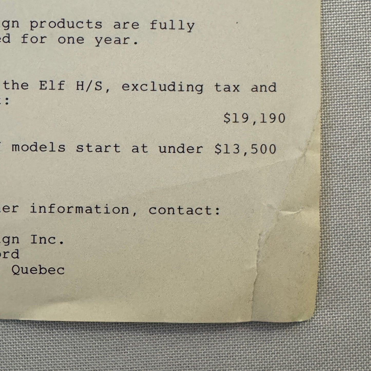 Spex Design Inc ELF HS Convertible Car Sales Sheet Brochure Advertising