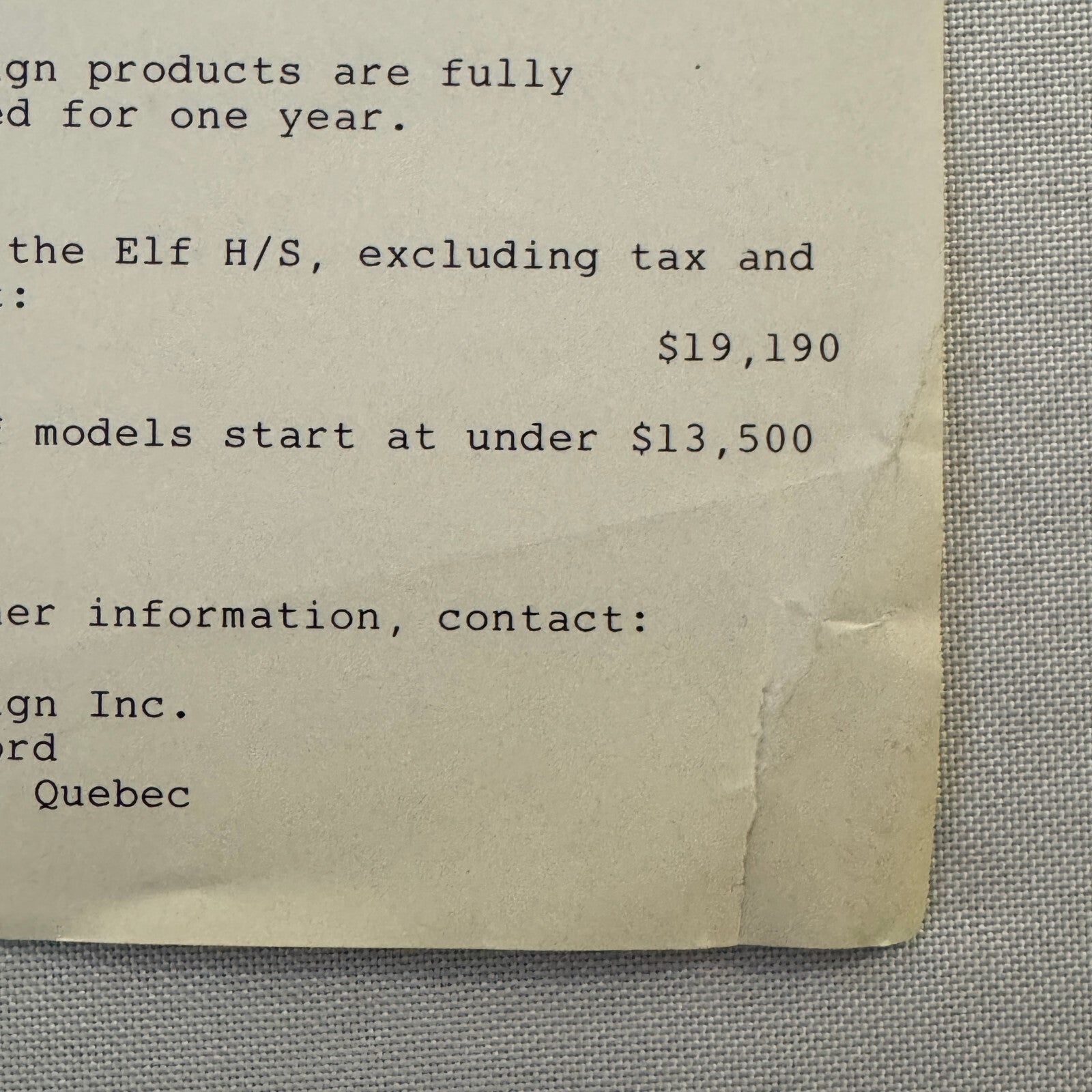 Spex Design Inc ELF HS Convertible Car Sales Sheet Brochure Advertising