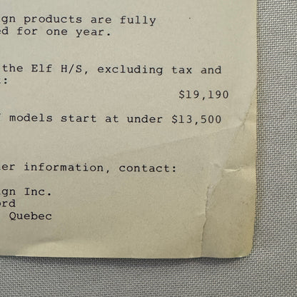 Spex Design Inc ELF HS Convertible Car Sales Sheet Brochure Advertising