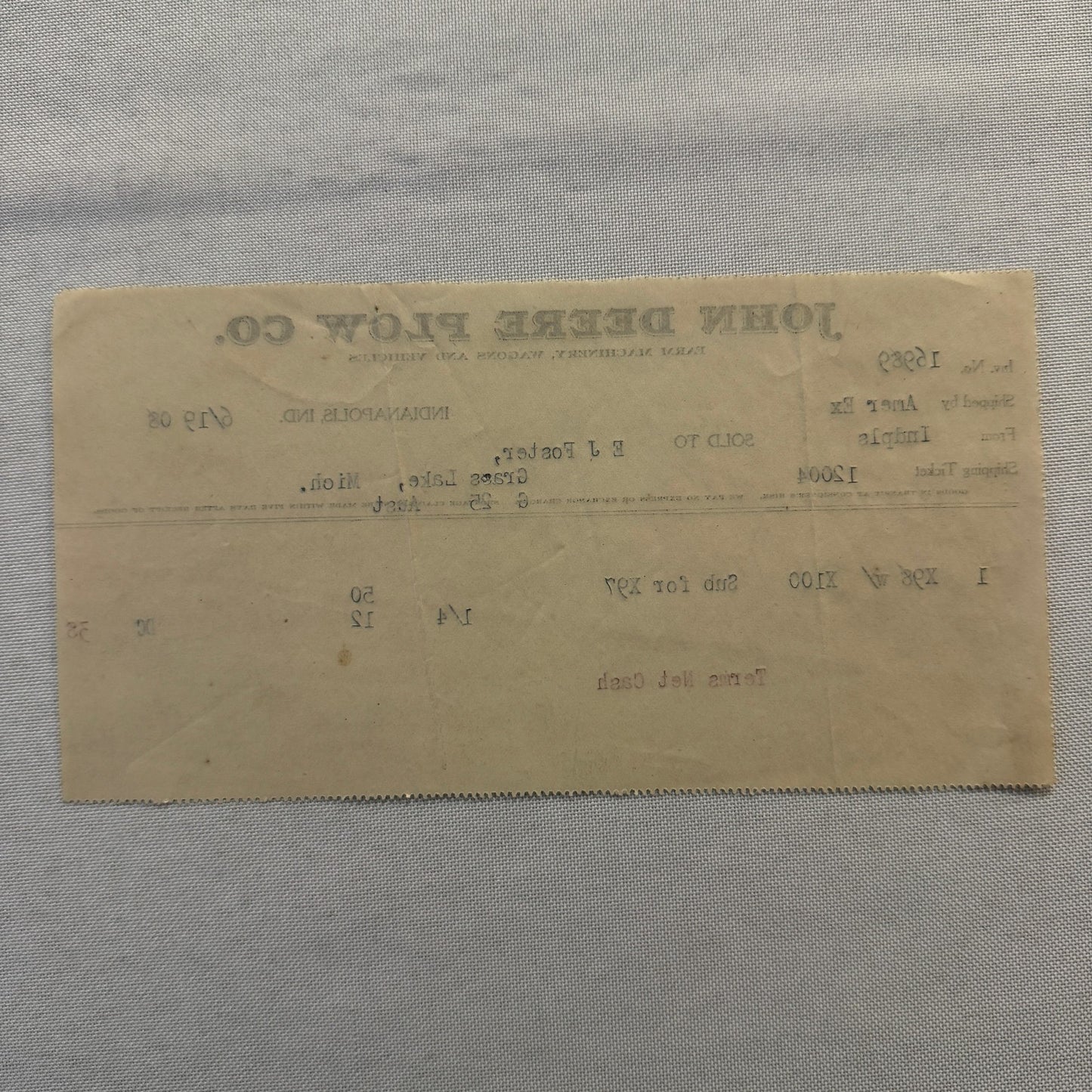 1908 John Deere Plow Company Antique Document Receipt Invoice Farm Equipment