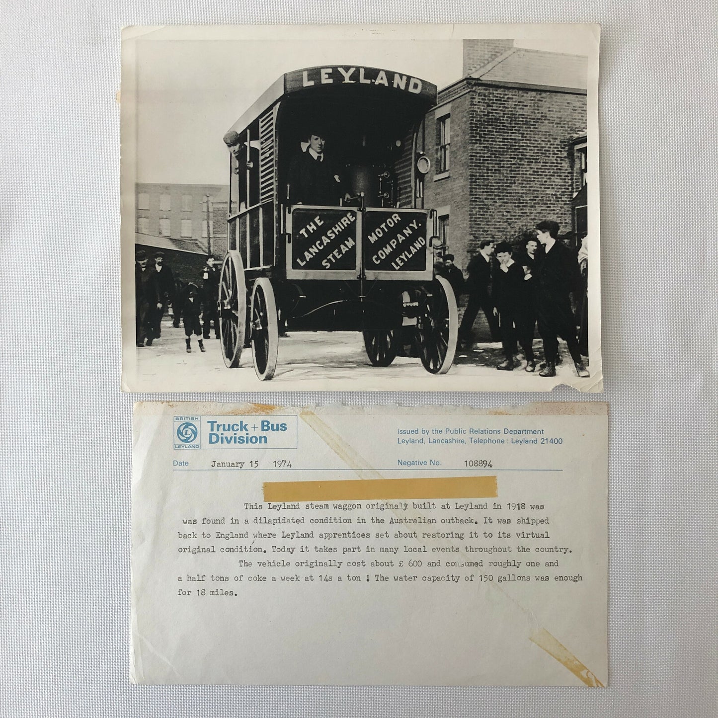 Vintage 1918 Leyland Steam Wagon 1974 Factory Press Photo Photograph 