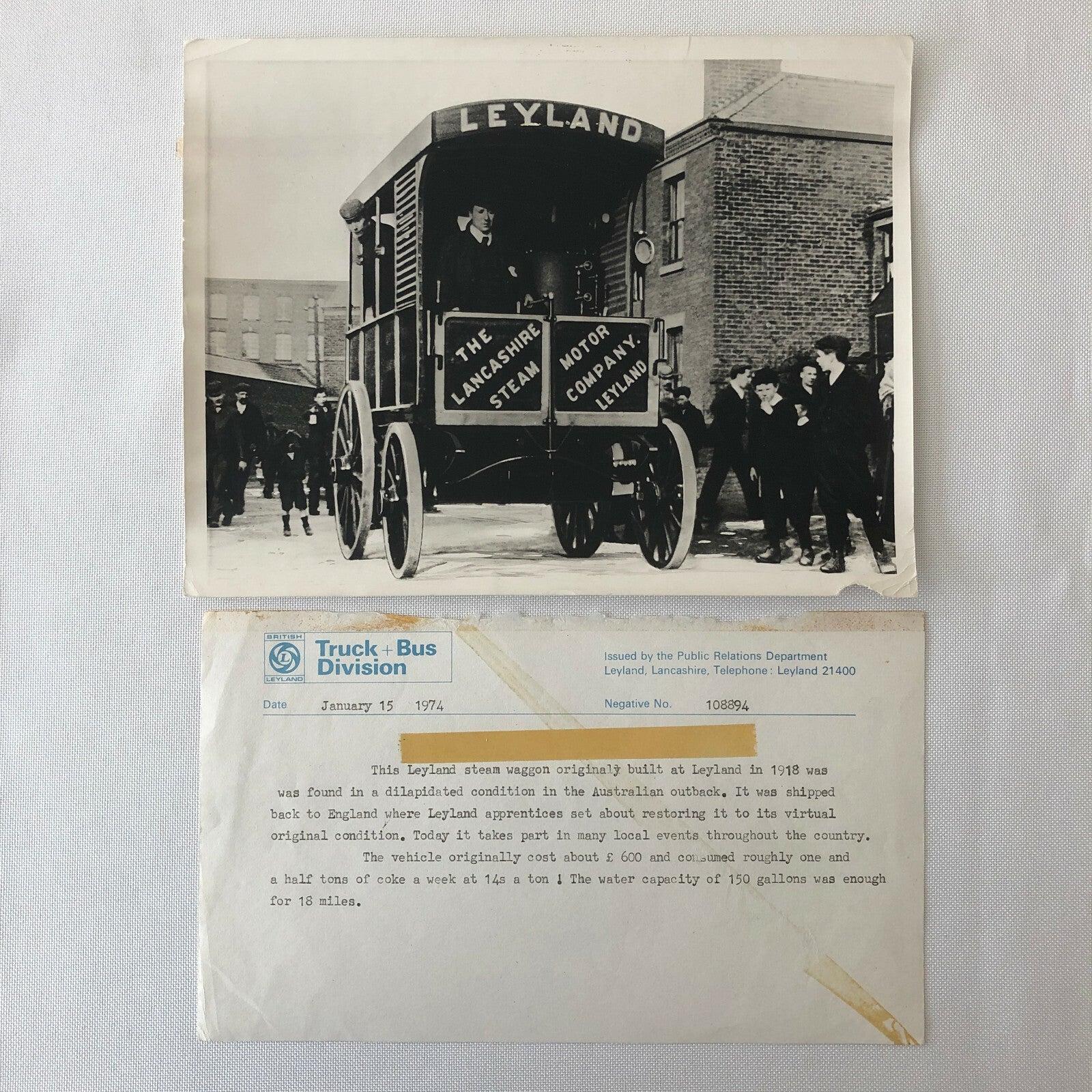 Vintage 1918 Leyland Steam Wagon 1974 Factory Press Photo Photograph 