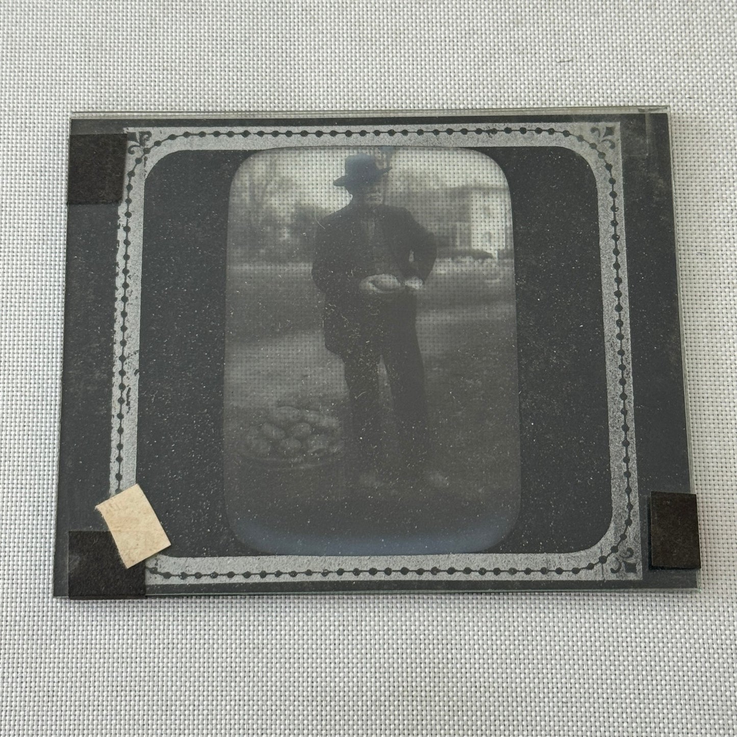 Antique Glass Plate Lantern Slide Photo Man with Potato Basket Farm