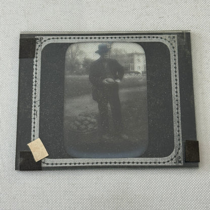 Antique Glass Plate Lantern Slide Photo Man with Potato Basket Farm