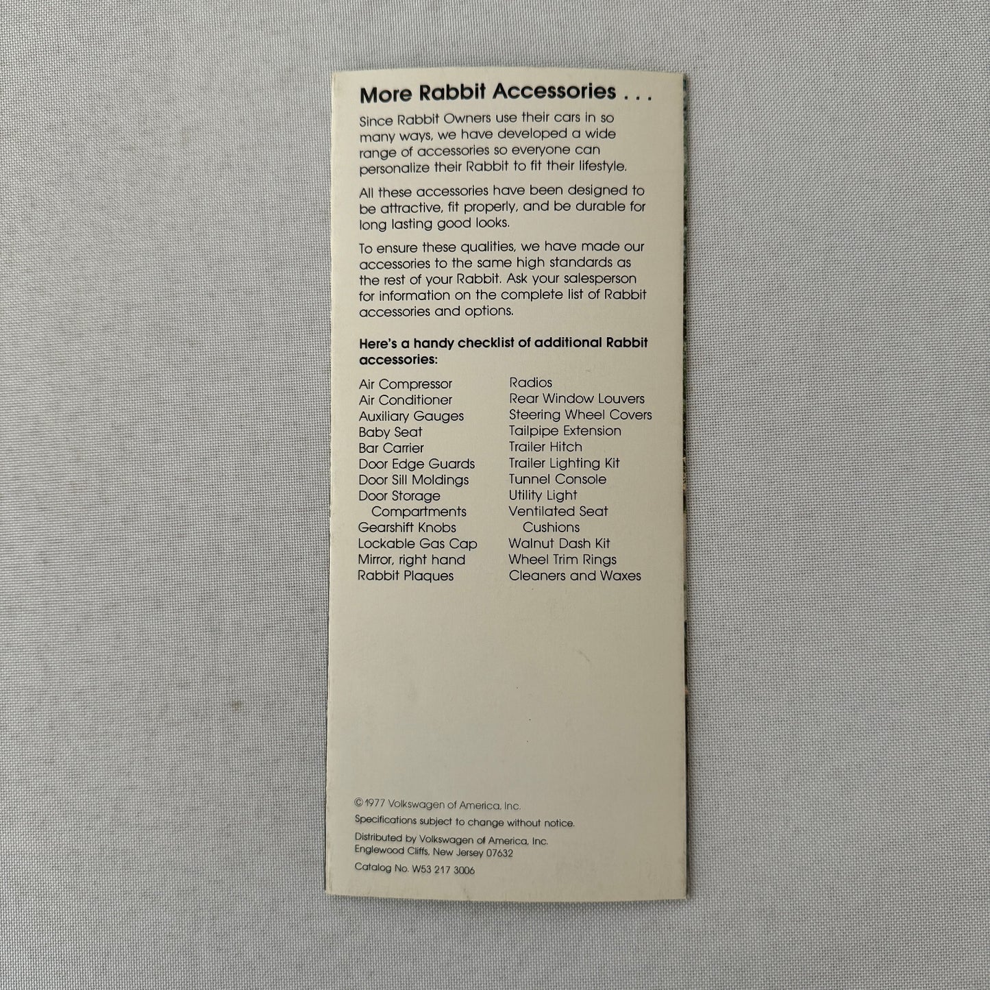 Volkswagen VW Rabbit ACCESSORIES Sales Brochure Catalog Woody 1977 1978