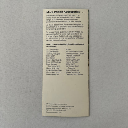 Volkswagen VW Rabbit ACCESSORIES Sales Brochure Catalog Woody 1977 1978