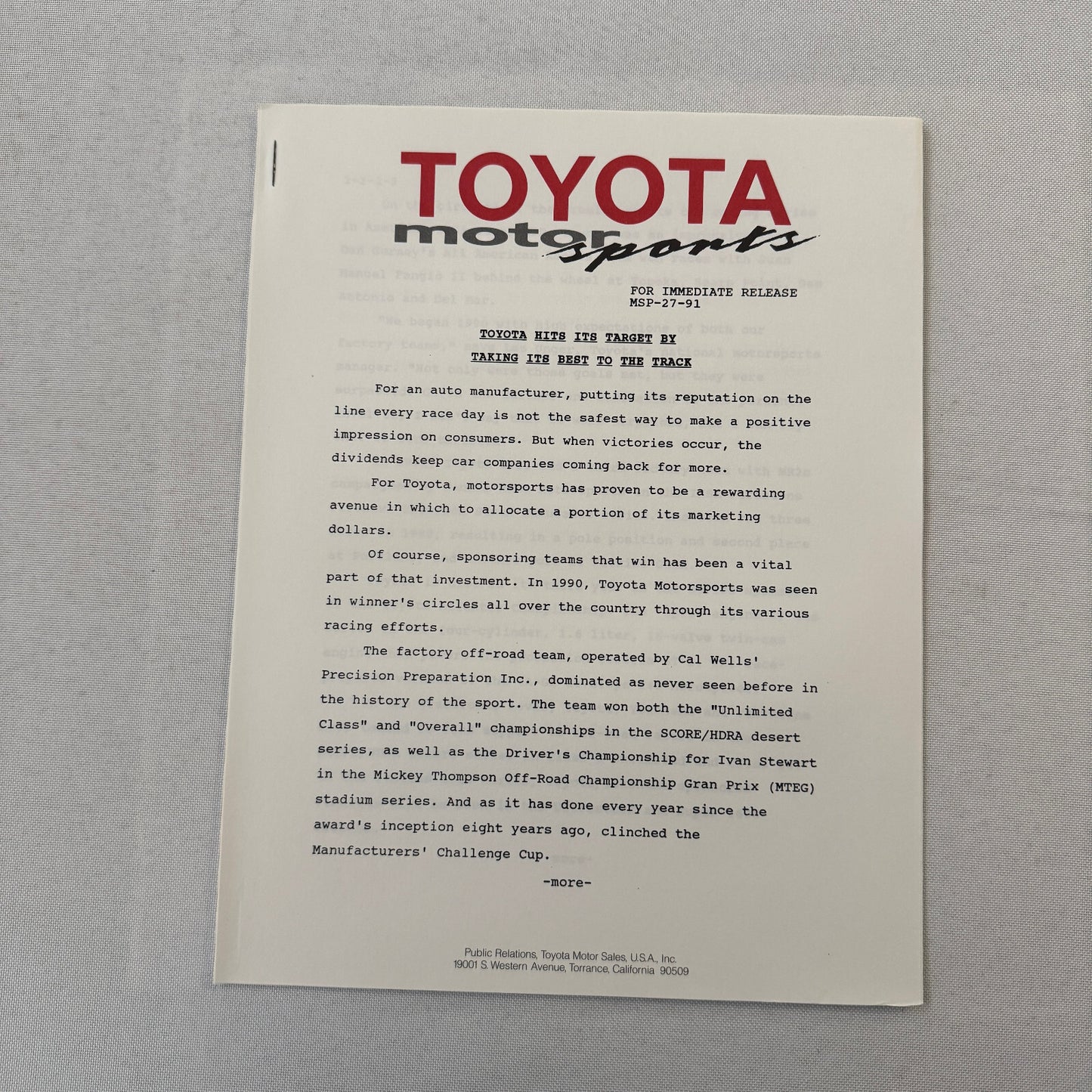 1991 Toyota Motorsport Racing Press Kit Dan Gurney Willy T Ribbs Fangio II