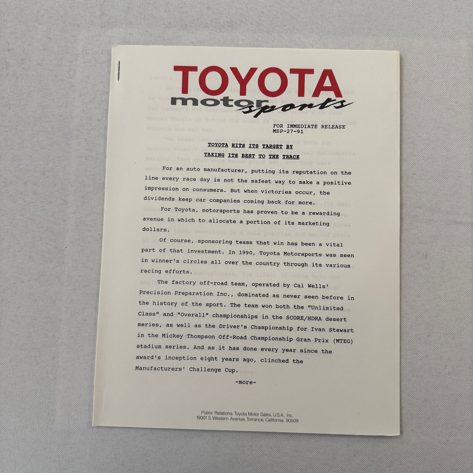 1991 Toyota Motorsport Racing Press Kit Dan Gurney Willy T Ribbs Fangio II