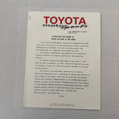 1991 Toyota Motorsport Racing Press Kit Dan Gurney Willy T Ribbs Fangio II