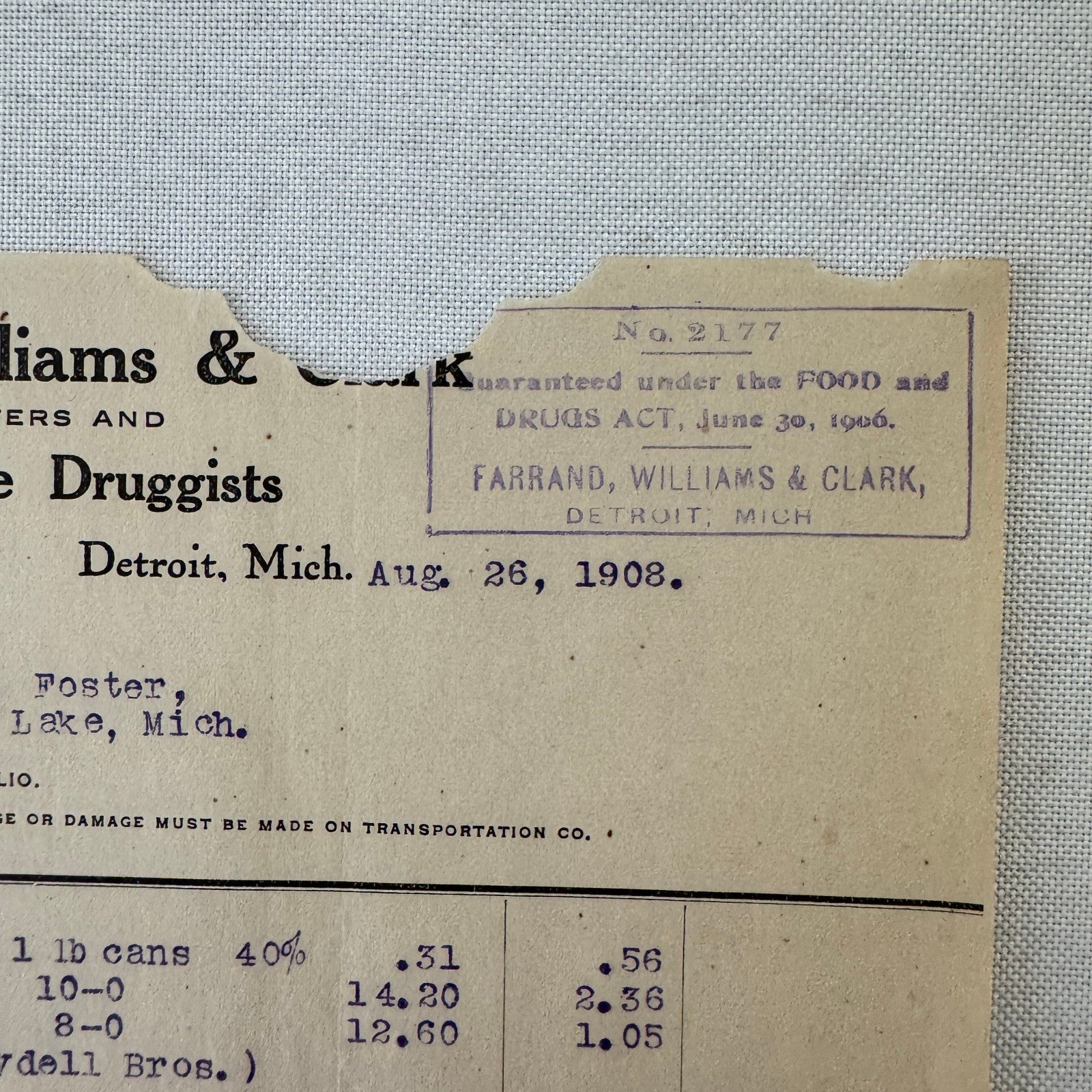 Farrand Williams and Clark Wholesale Druggists Detroit 1908 Invoice Receipt Lot