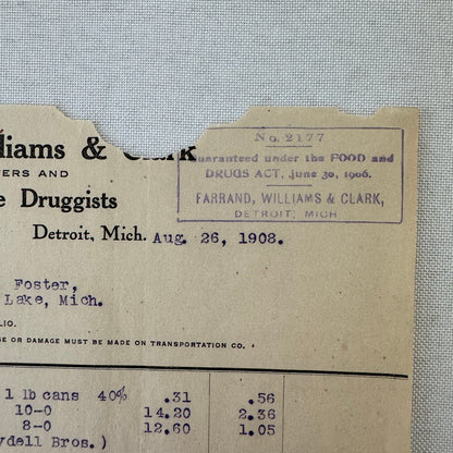 Farrand Williams and Clark Wholesale Druggists Detroit 1908 Invoice Receipt Lot