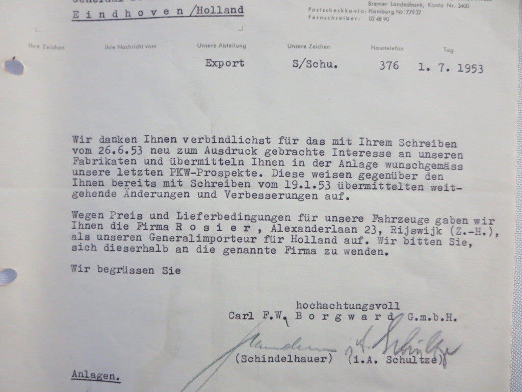 1953 Borgward Letter Letterhead Document - German Text 