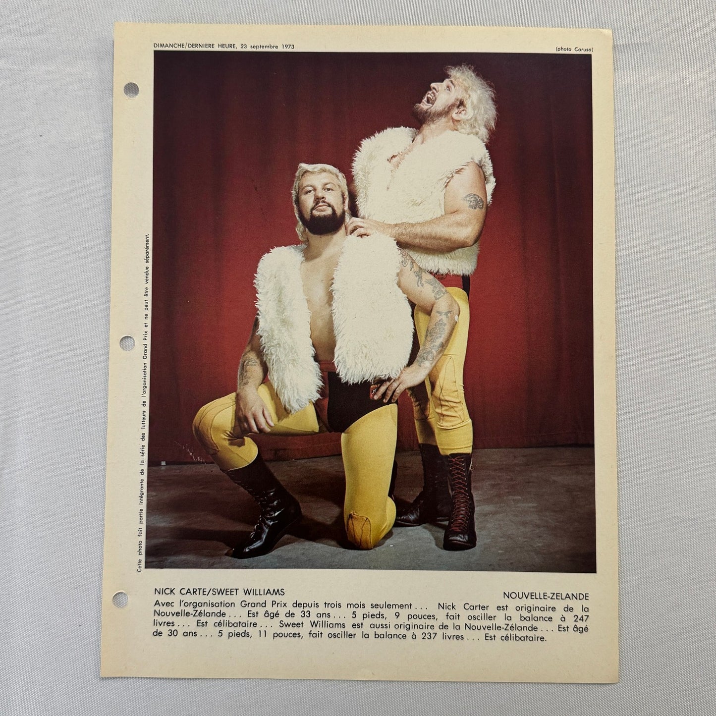 Vintage Wrestling Print Insert Nick Carte Sweet Williams Quebec French 1973