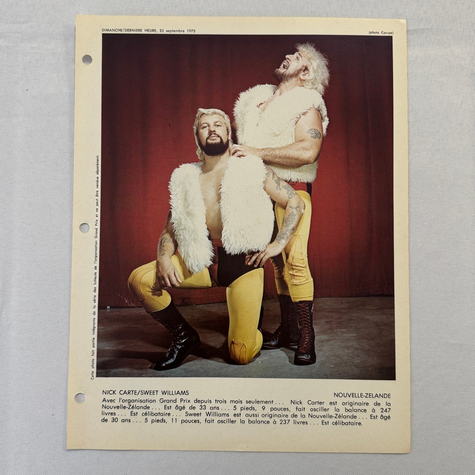 Vintage Wrestling Print Insert Nick Carte Sweet Williams Quebec French 1973