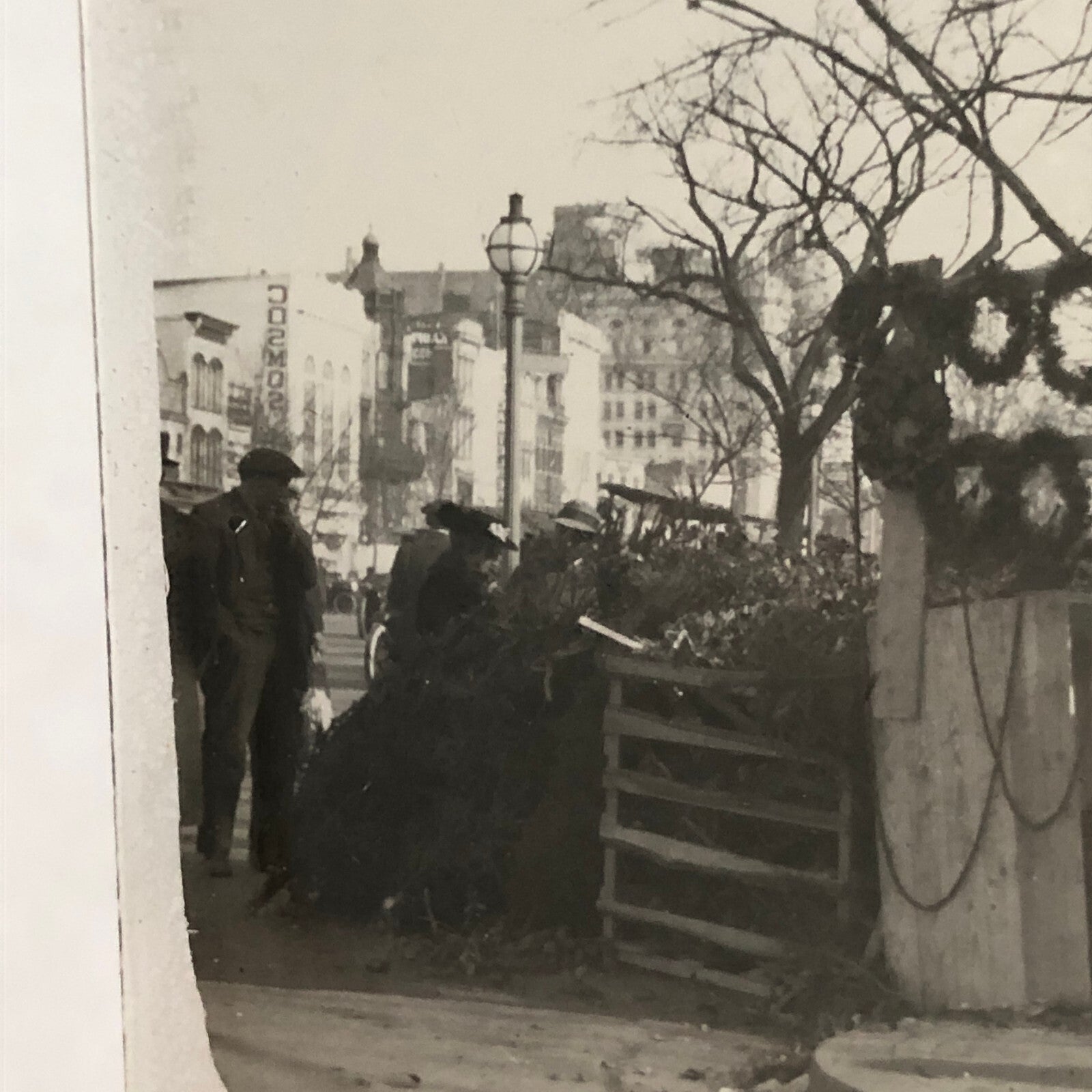 Antique Glass Plate Lantern Slide Photo People in Market with Plants Wreath