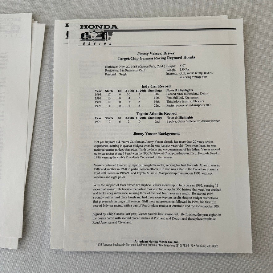 1996 Honda Indy Racing Press Kit Brochure Andre Ribeiro