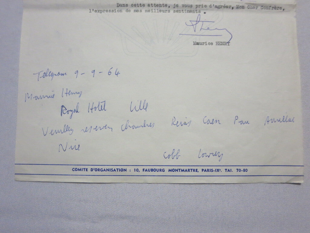 1964 Tour de France Automobile Car Racing Letter on Letterhead - Joseph Lowrey 