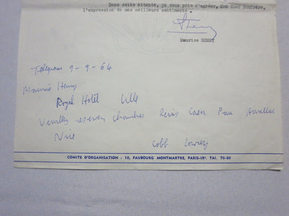 1964 Tour de France Automobile Car Racing Letter on Letterhead - Joseph Lowrey 