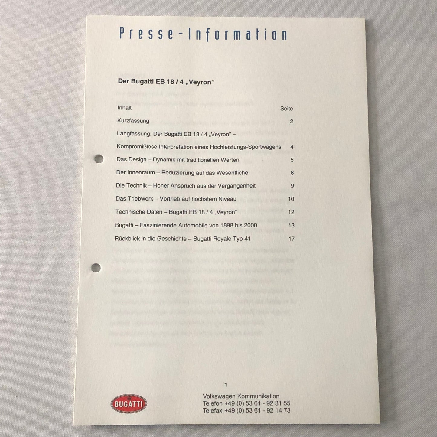 Bugatti Veyron Press Kit Brochure Photos 2002 German Text Bugatti Royale