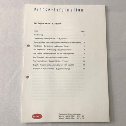 Bugatti Veyron Press Kit Brochure Photos 2002 German Text Bugatti Royale