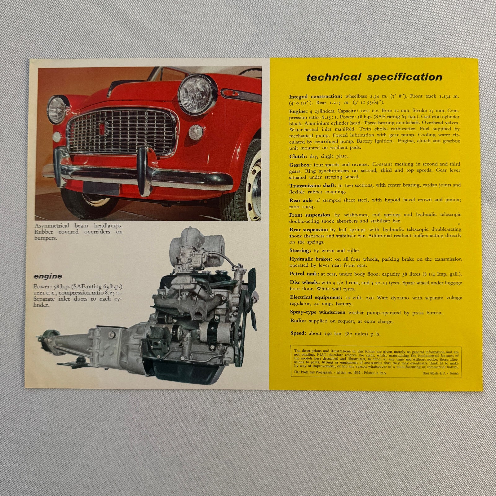 Fiat 1200 Car Sales Brochure Catalog Vintage Advertising