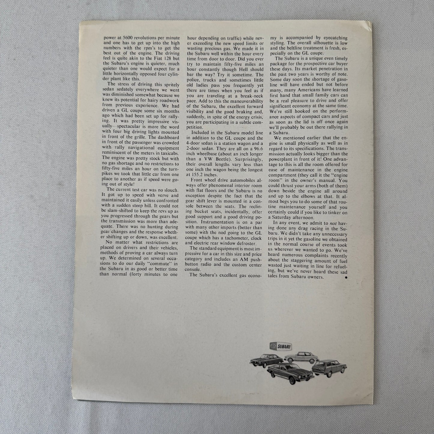 1974 Subaru Sedan Road Test Sales Brochure Catalog Small Cars Magazine