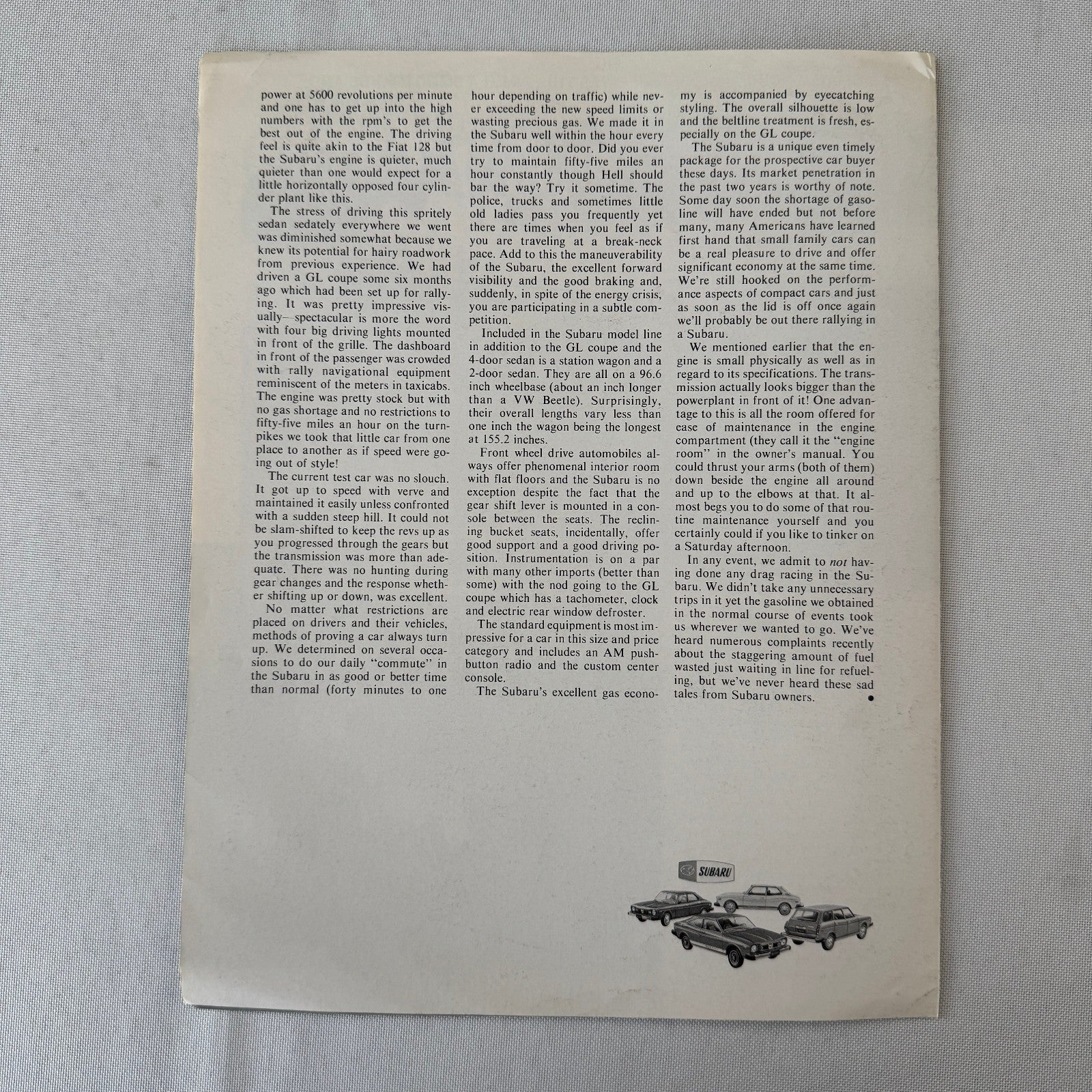 1974 Subaru Sedan Road Test Sales Brochure Catalog Small Cars Magazine