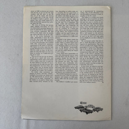 1974 Subaru Sedan Road Test Sales Brochure Catalog Small Cars Magazine
