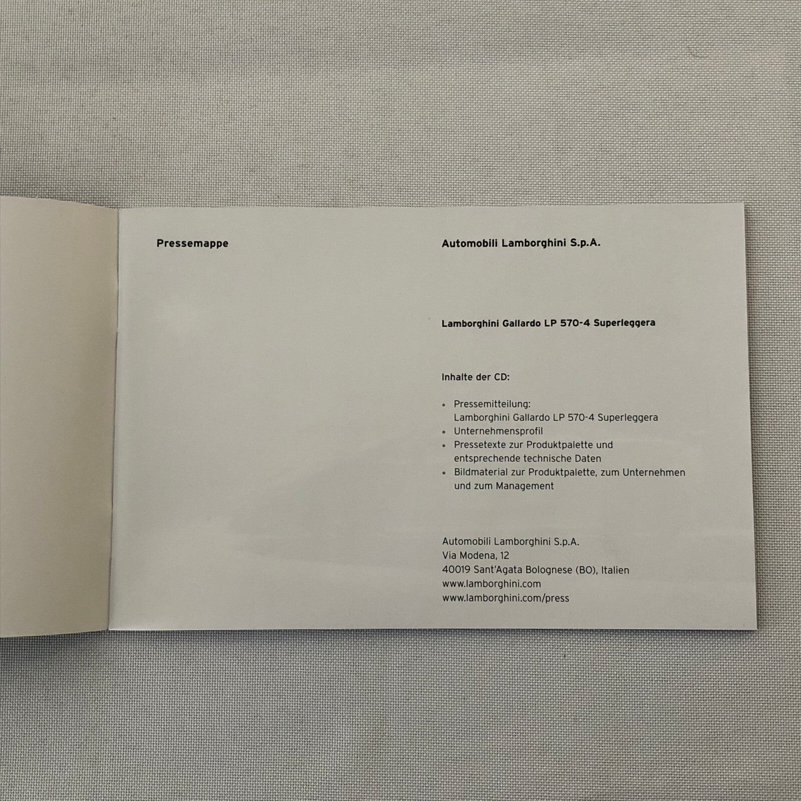 Lamborghini Gallardo LP 570-4 Superleggera Press Kit Brochure CD GERMAN Text