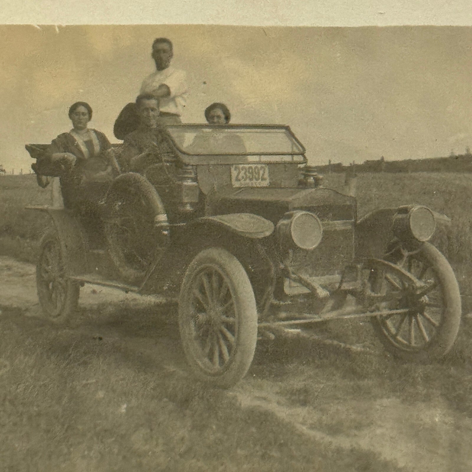 Real Photo Postcard RPPC People and Antique Car Automobile Vintage License Plate