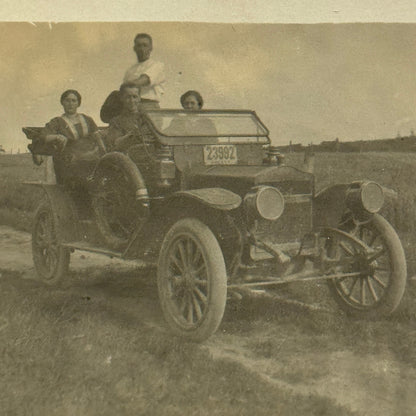 Real Photo Postcard RPPC People and Antique Car Automobile Vintage License Plate