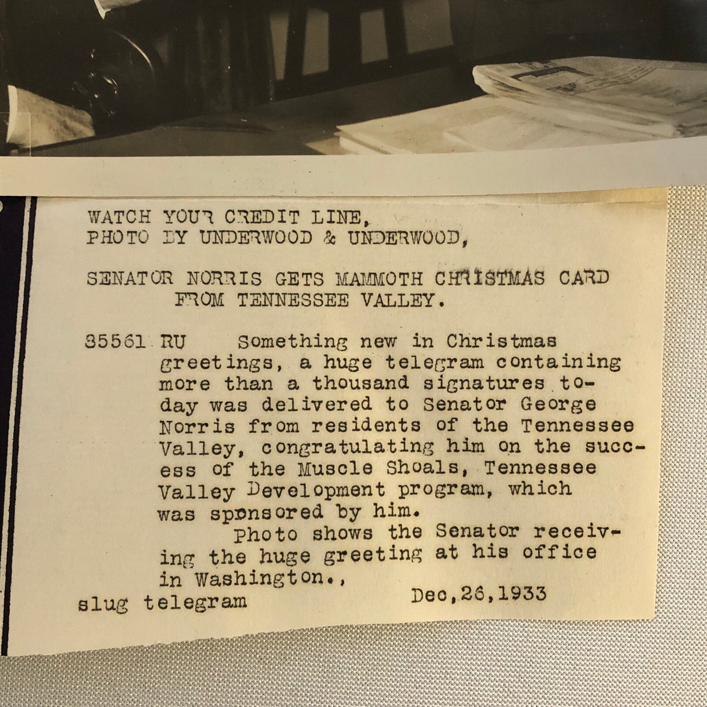 Press Photo Photograph Senator Norris Christmas Telegram 1933 Tennessee Valley