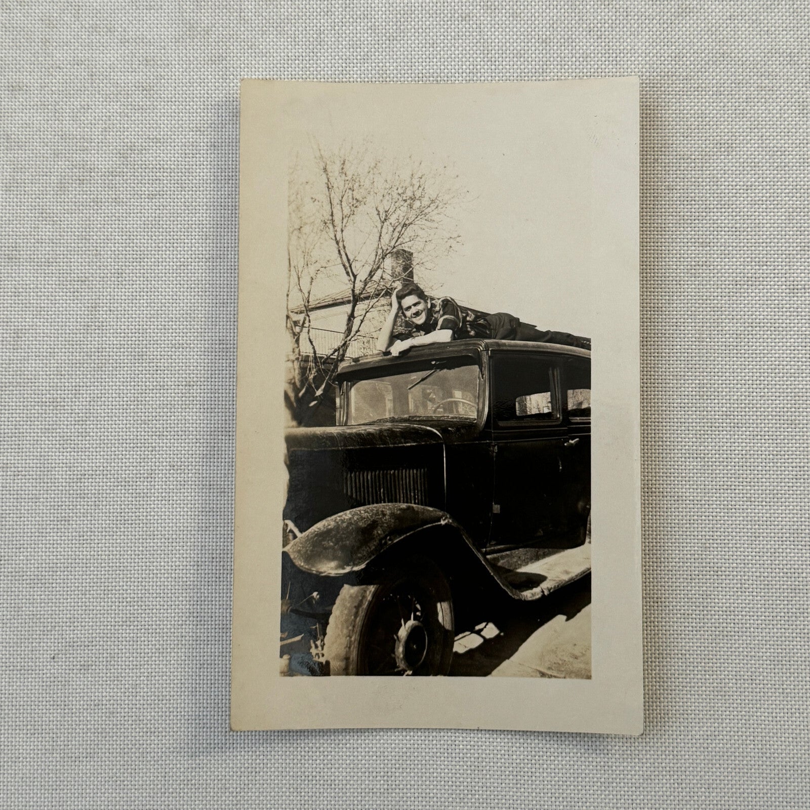 Man with Early Car Automobile Vintage Snapshot Photo Photograph