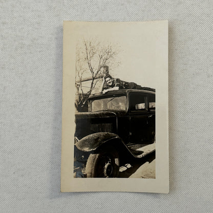 Man with Early Car Automobile Vintage Snapshot Photo Photograph