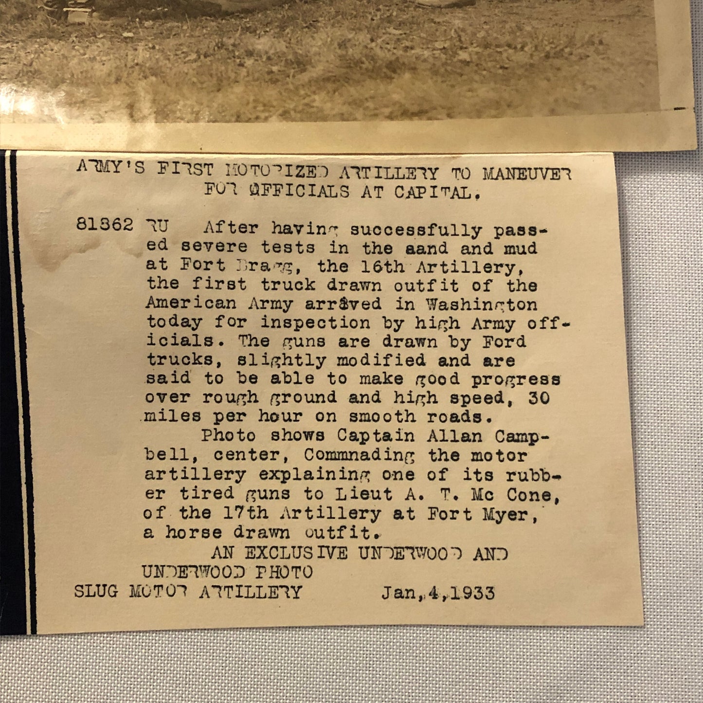 Press Photo Photograph Army First Motorized Artillery Ford Truck Military 1933